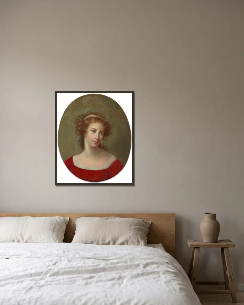 Porträtt av kvinna i röd klänning av Elisabeth Louise Vigée Le Brun inramad på en vägg