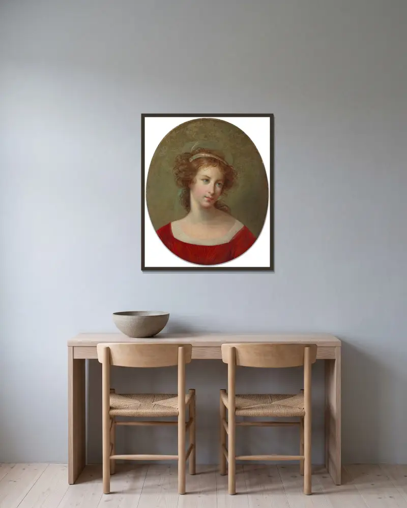 Porträtt av kvinna i röd klänning av Elisabeth Louise Vigée Le Brun inramad på en vägg