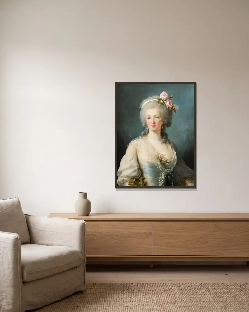 Portrait of a lady said portrait of Jeanne de Valois, Comtesse de la Motte av Elisabeth Louise Vigée Le Brun inramad på en vägg