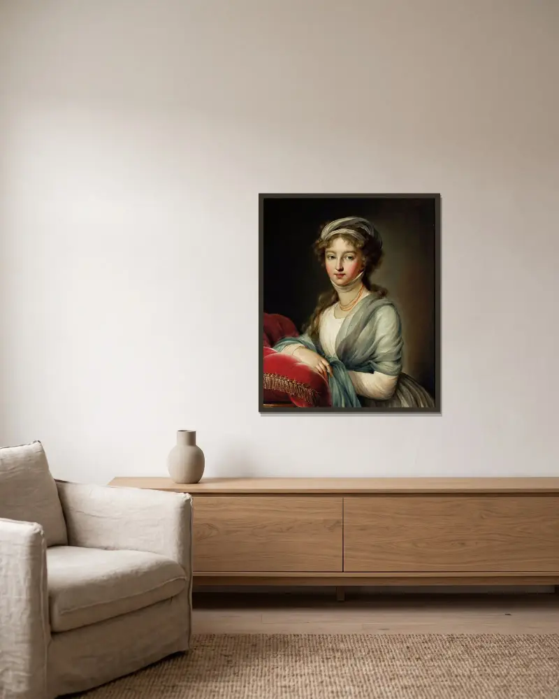 Portrét Alžběty Alexejevny, manželky cara Alexandra I., Elisabeth Louise Vigée Le Brun v rámu na stěně