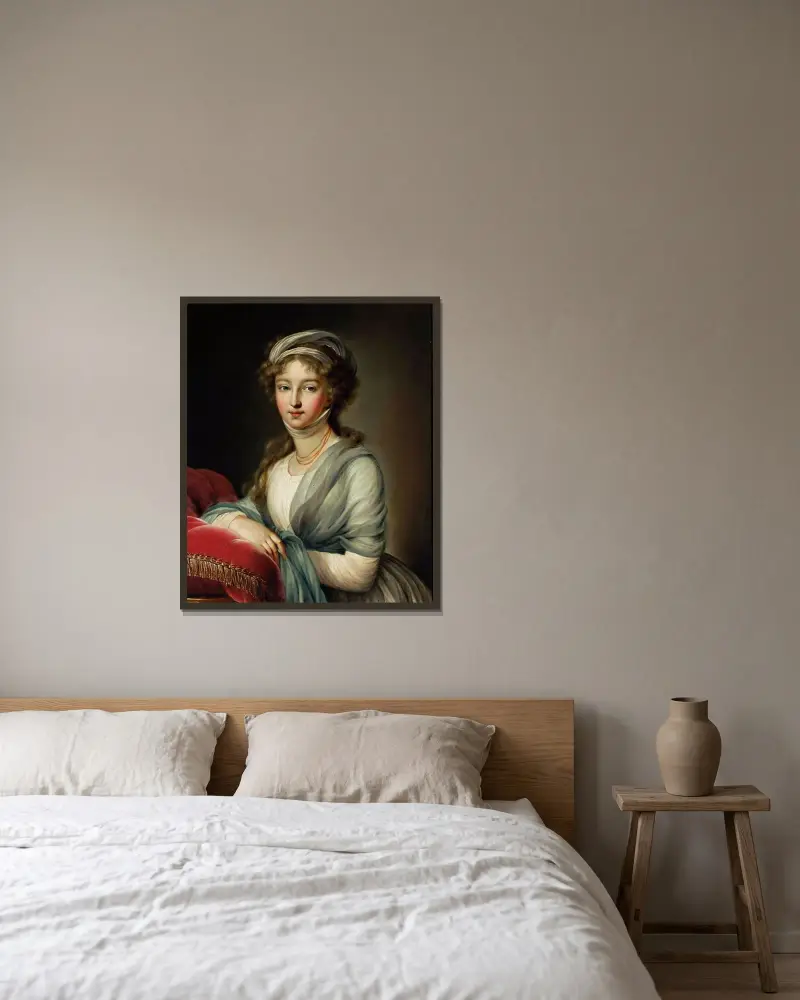 Portrét Alžběty Alexejevny, manželky cara Alexandra I., Elisabeth Louise Vigée Le Brun v rámu na stěně