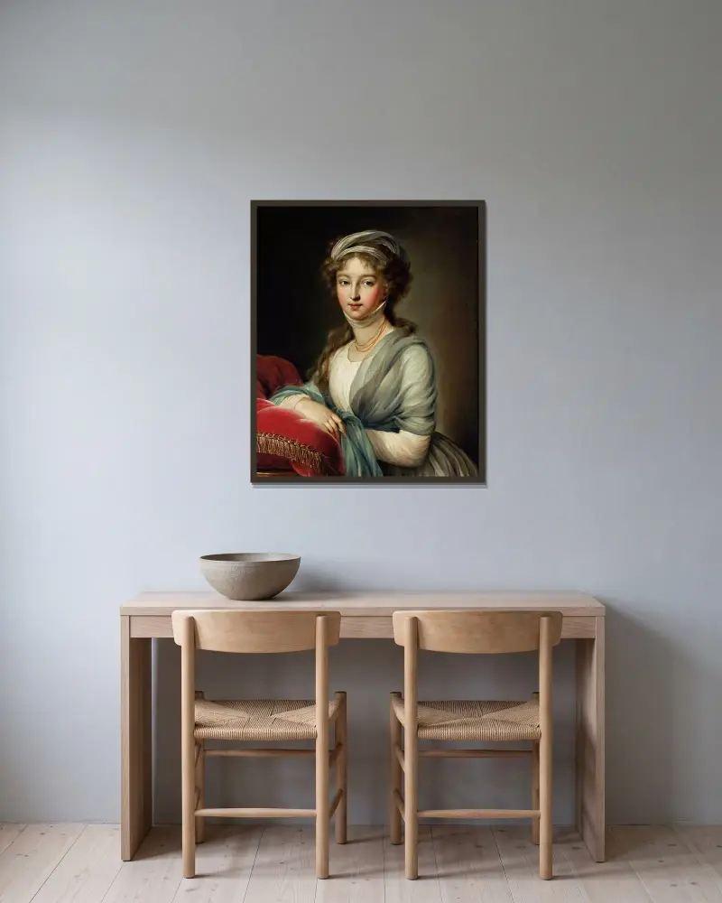 Portrét Alžběty Alexejevny, manželky cara Alexandra I., Elisabeth Louise Vigée Le Brun v rámu na stěně