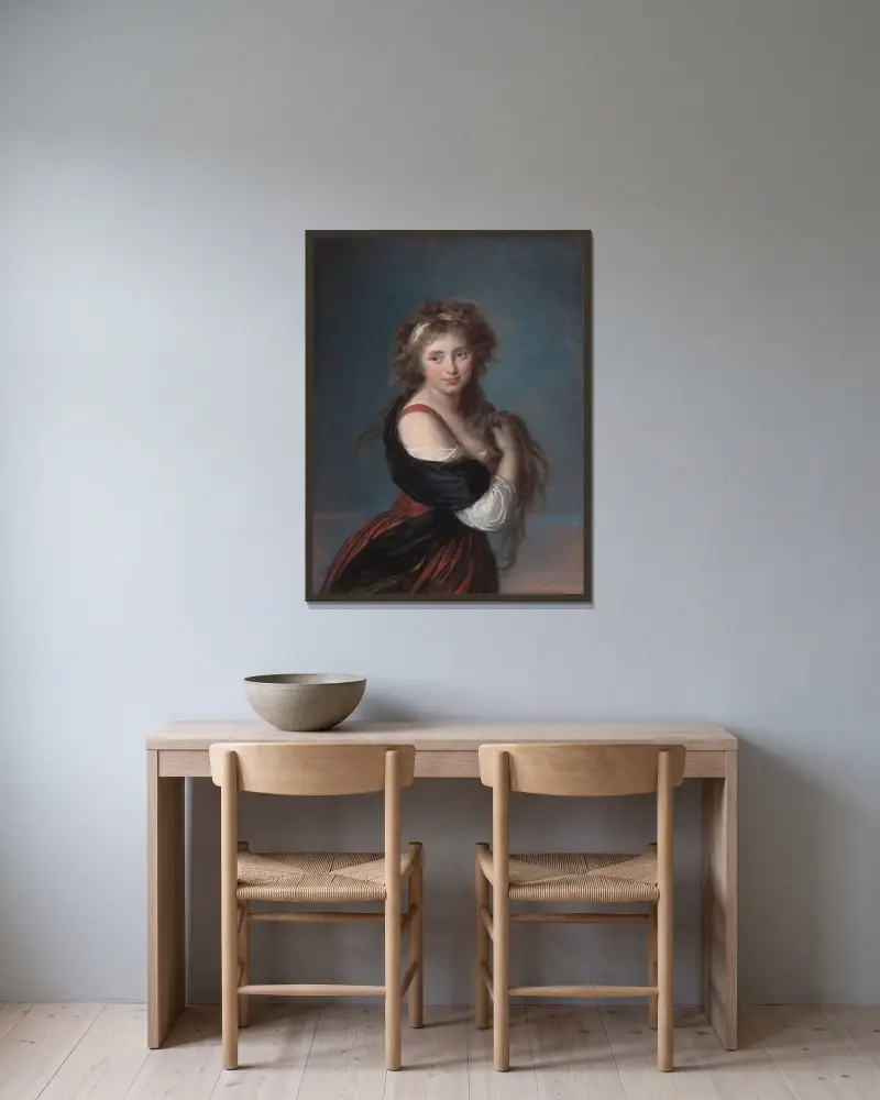 Porträtt av Hyacinthe-Gabrielle Roland av Elisabeth Louise Vigée Le Brun inramad på en vägg