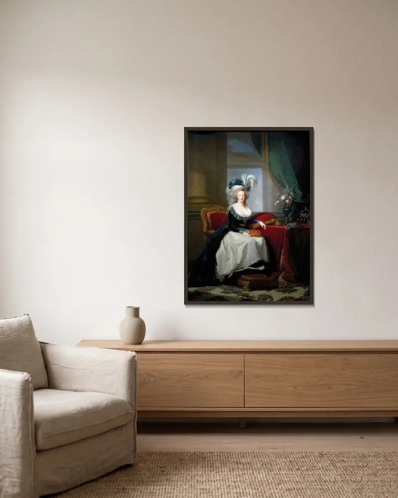 Porträtt av Marie Antoinette, Frankrikes drottning av Elisabeth Louise Vigée Le Brun inramad på en vägg