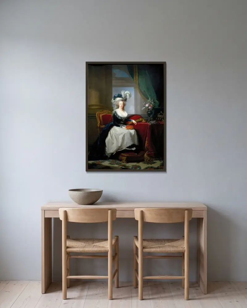 Porträtt av Marie Antoinette, Frankrikes drottning av Elisabeth Louise Vigée Le Brun inramad på en vägg