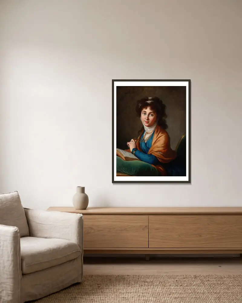 Portrait of Natalia Zakharovna Kolycheva, née Hitrovo av Elisabeth Louise Vigée Le Brun inramad på en vägg