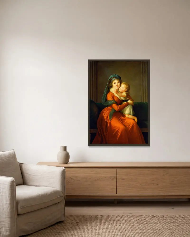 Porträt der Prinzessin Alexandra Golitsyna und ihres Sohnes Piotr von Elisabeth Louise Vigée Le Brun gerahmt an einer Wand
