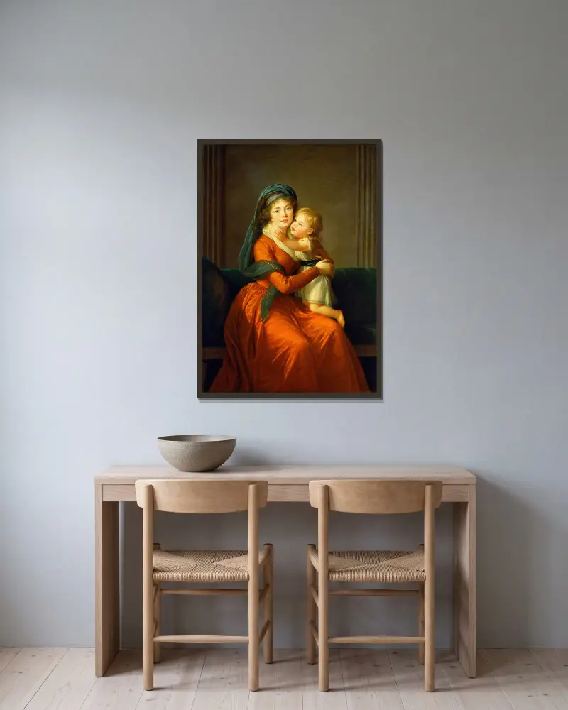 Porträt der Prinzessin Alexandra Golitsyna und ihres Sohnes Piotr von Elisabeth Louise Vigée Le Brun gerahmt an einer Wand