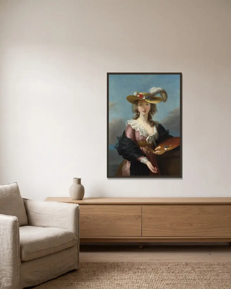 Self Portrait In A Straw Hat av Elisabeth Louise Vigée Le Brun inramad på en vägg