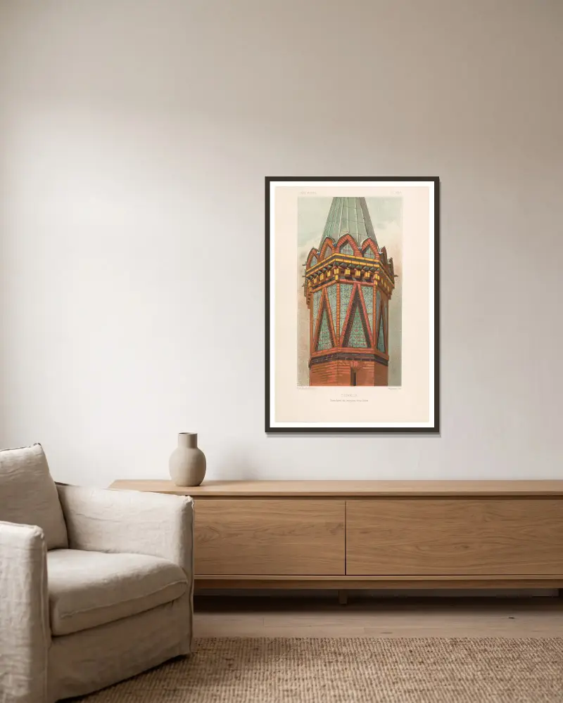 Věžička. — Struktura ze smaltovaných cihel, Eugène-Emmanuel Viollet-le-Duc v rámu na stěně