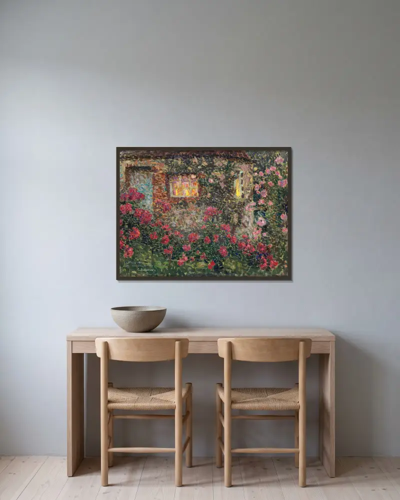 Buitenhuis tussen rozen av Henri Le Sidaner inramad på en vägg