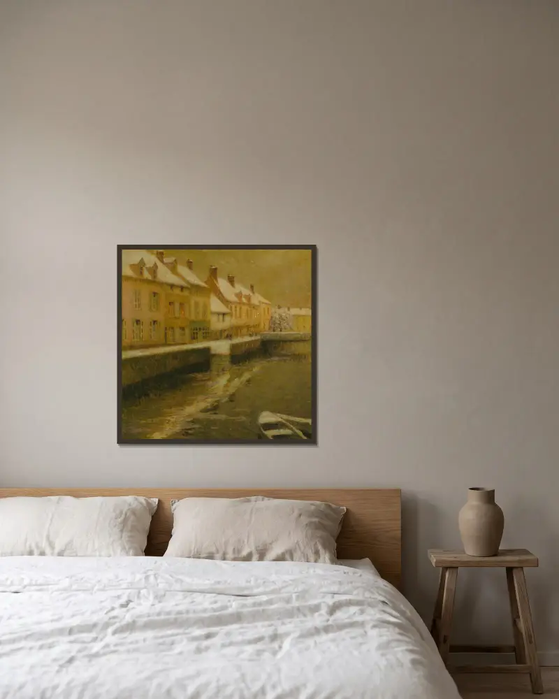 Canal in Bruges, winter av Henri Le Sidaner inramad på en vägg