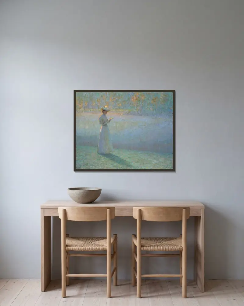 Kvinna läsande i landskap av Henri Le Sidaner inramad på en vägg