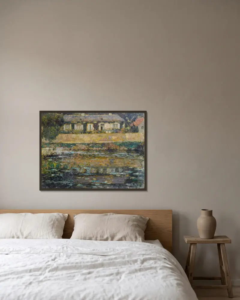 Huset vid vattnet, Montreuil-Bellay av Henri Le Sidaner inramad på en vägg