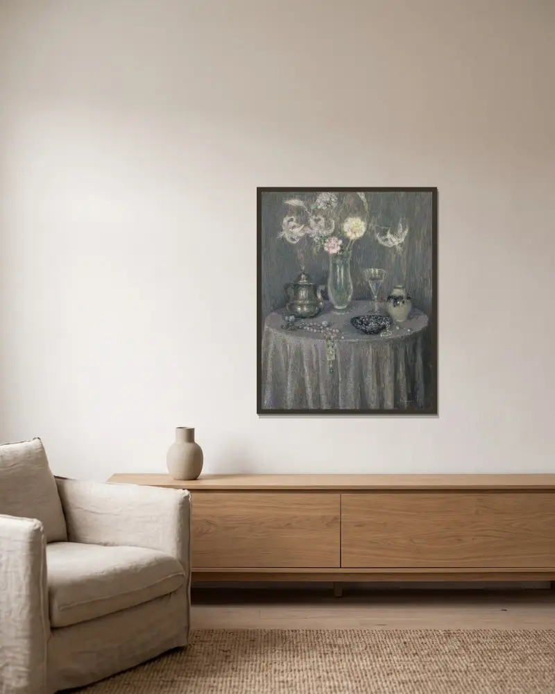 La table, harmonie grise von Henri Le Sidaner gerahmt an einer Wand