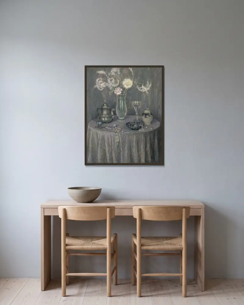La table, harmonie grise von Henri Le Sidaner gerahmt an einer Wand