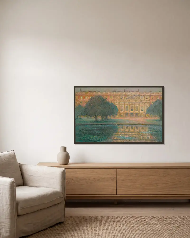 Palatset, sommarmorgon (Hampton Court) av Henri Le Sidaner inramad på en vägg