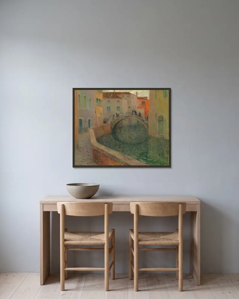 Den lilla kanalen, grå kväll, Venedig av Henri Le Sidaner inramad på en vägg
