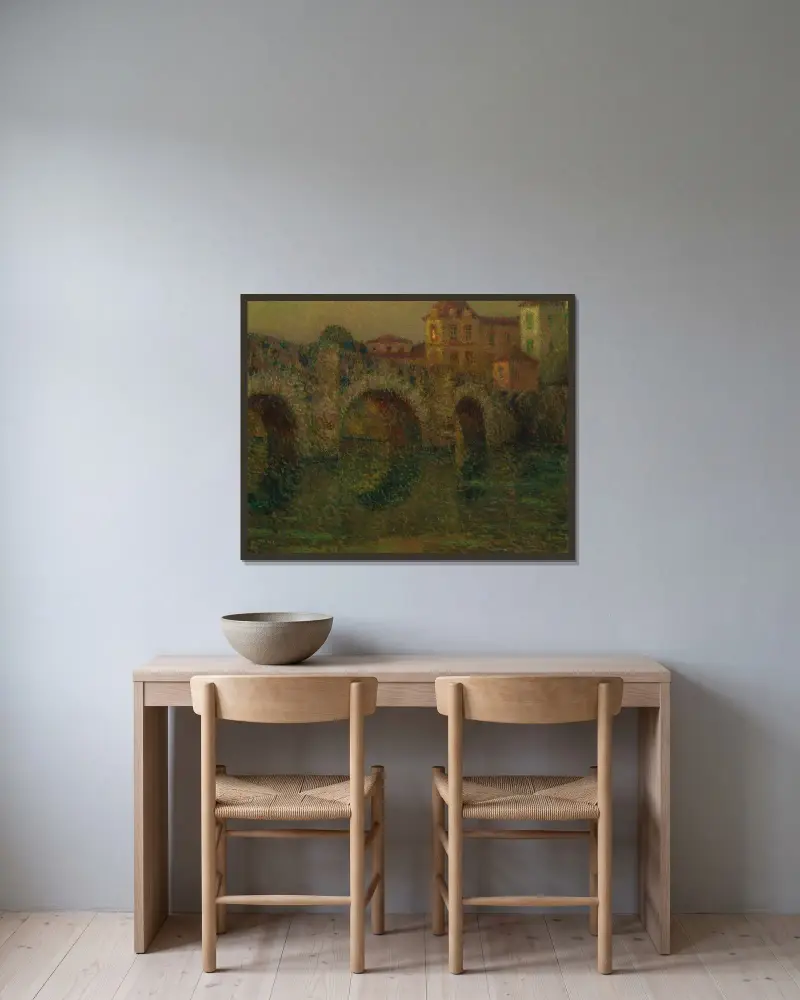 Bron i skymningen, Clisson av Henri Le Sidaner inramad på en vägg
