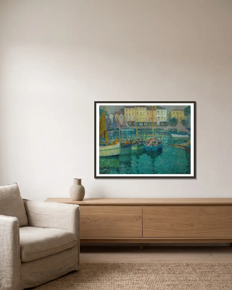 Les Barques À La Rochelle av Henri Le Sidaner inramad på en vägg