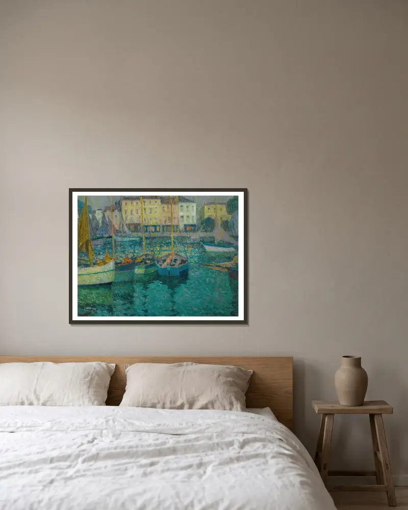 Les Barques À La Rochelle av Henri Le Sidaner inramad på en vägg