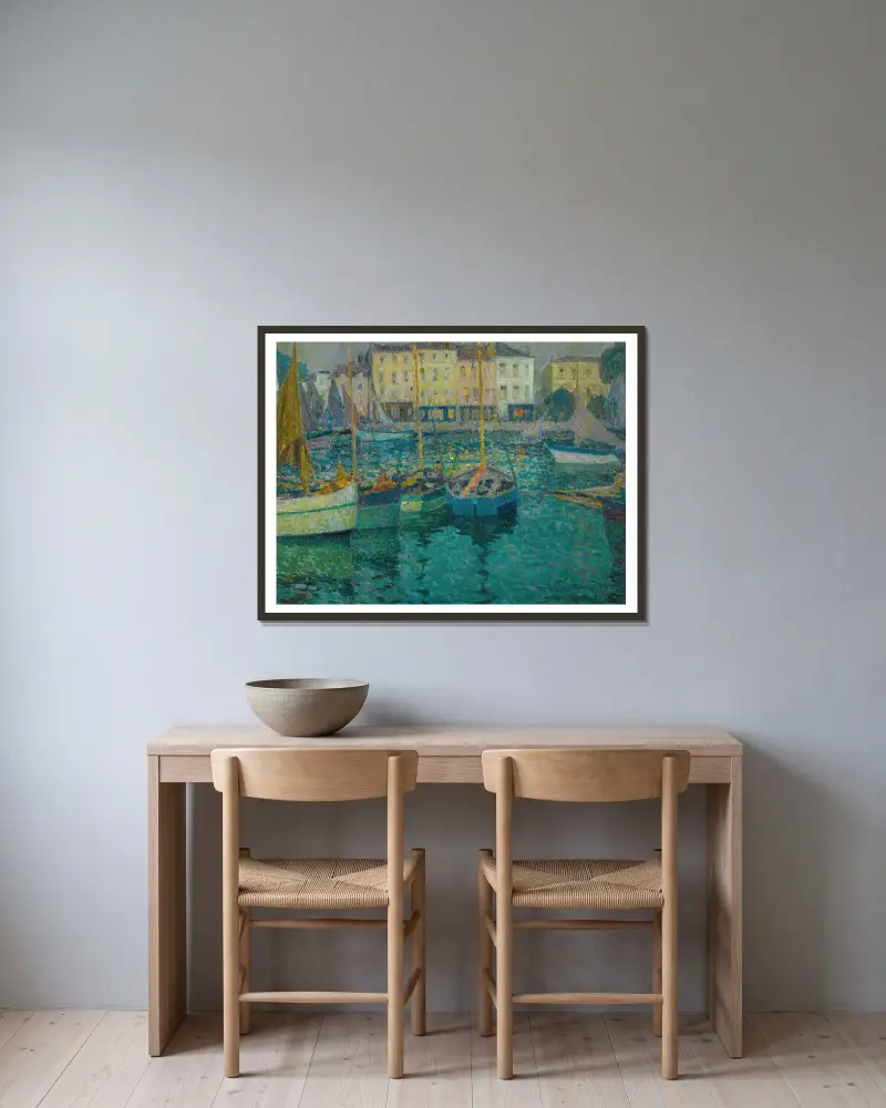 Les Barques À La Rochelle av Henri Le Sidaner inramad på en vägg