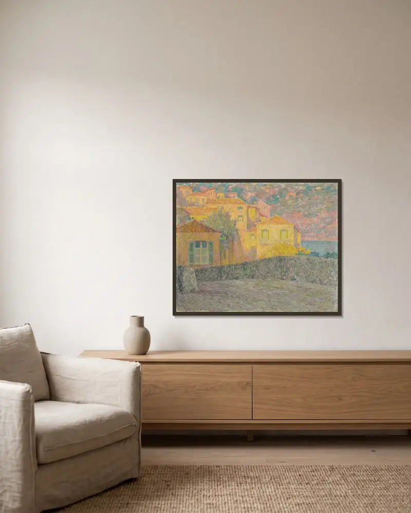 Hus i solsken, Villefranche-sur-Mer av Henri Le Sidaner inramad på en vägg
