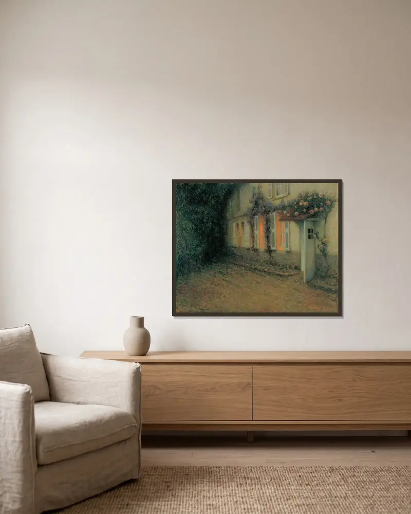 Rosor och wisterior på huset av Henri Le Sidaner inramad på en vägg
