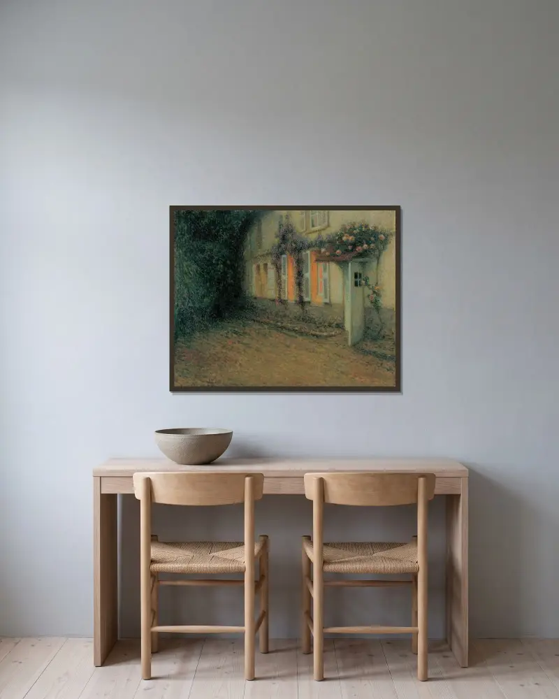 Rosor och wisterior på huset av Henri Le Sidaner inramad på en vägg