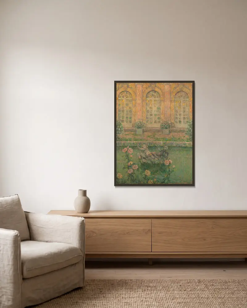 Rosen von Trianon von Henri Le Sidaner gerahmt an einer Wand