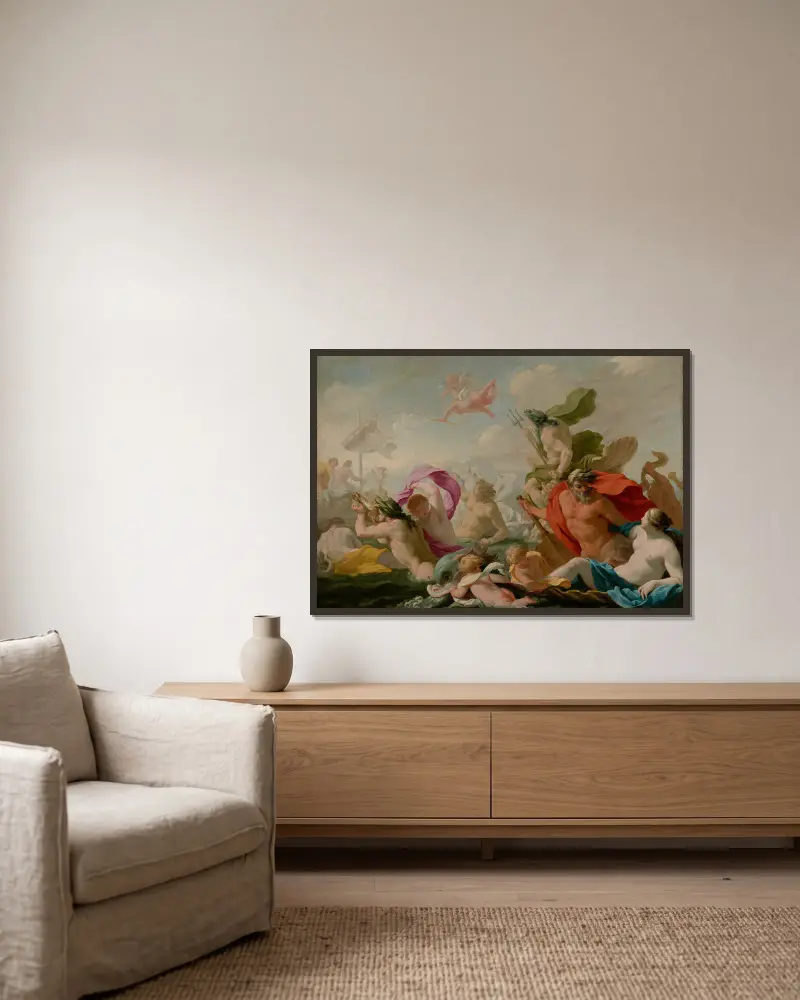 Havsgudar hyllar kärleken av Eustache Le Sueur inramad på en vägg