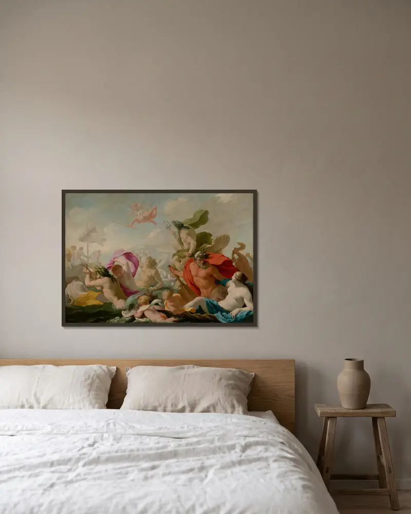 Havsgudar hyllar kärleken av Eustache Le Sueur inramad på en vägg