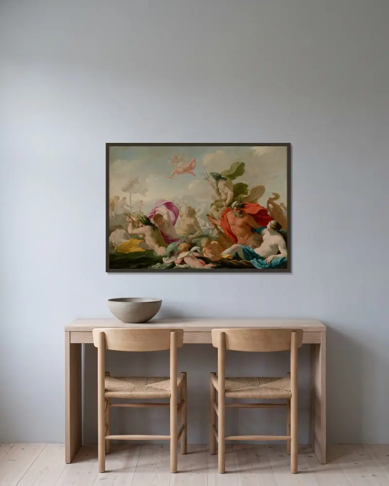 Havsgudar hyllar kärleken av Eustache Le Sueur inramad på en vägg