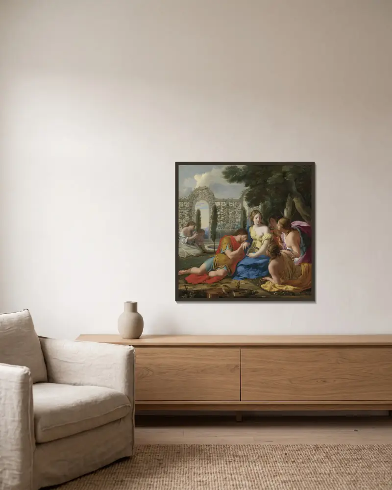 Polyphilus And Polia Accompanied By Nymphs On Island Of Cythera av Eustache Le Sueur inramad på en vägg