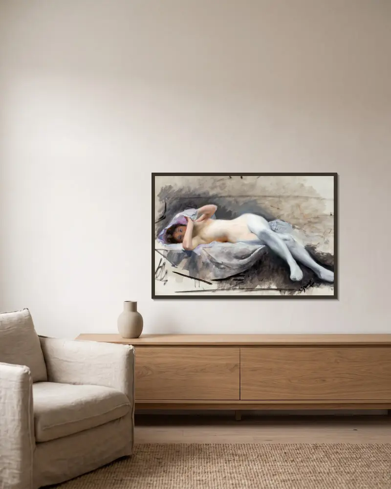 Liegende Aktstudie von Julius Leblanc Stewart gerahmt an einer Wand
