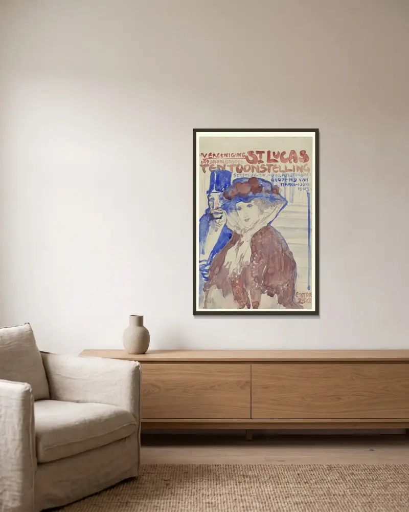 9:e årliga utställningen av föreningen St. Lukas i Stedelijk Museum i Amsterdam av Leo Gestel inramad på en vägg