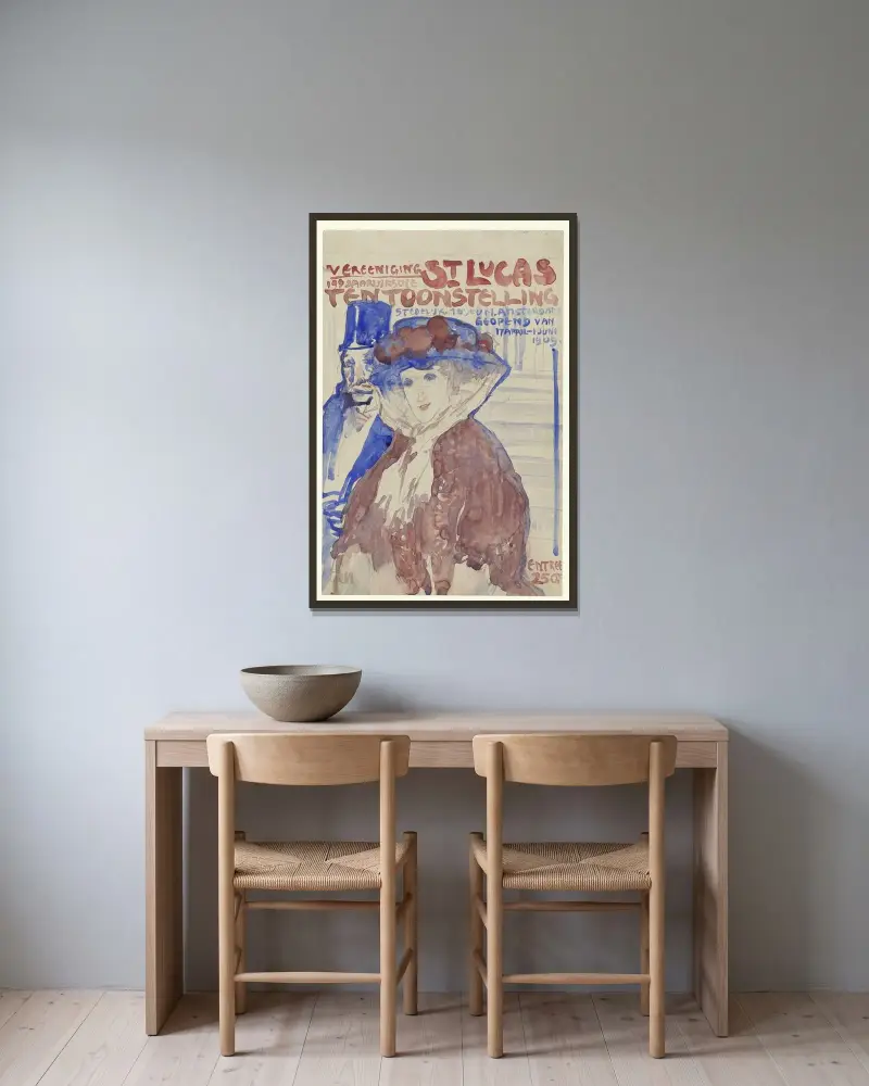 9:e årliga utställningen av föreningen St. Lukas i Stedelijk Museum i Amsterdam av Leo Gestel inramad på en vägg