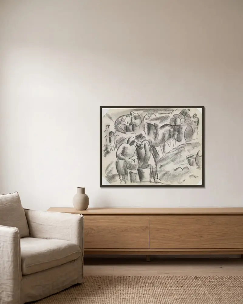 Potatisplockare på fältet med häst och vagn av Leo Gestel inramad på en vägg