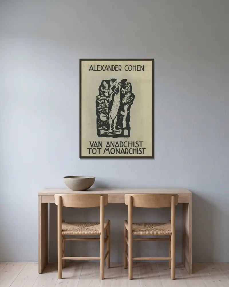 Alexander Cohens ”Van Anarchist tot Monarchist” av Leo Gestel inramad på en vägg