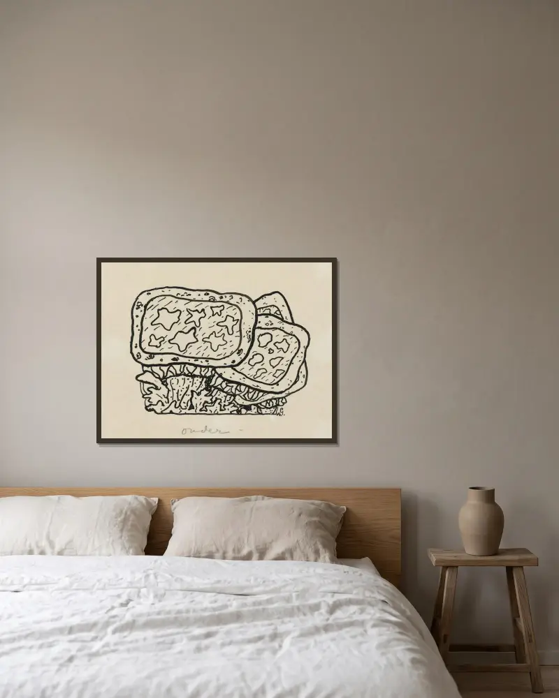Blad med odefinierbar framställning av Leo Gestel inramad på en vägg