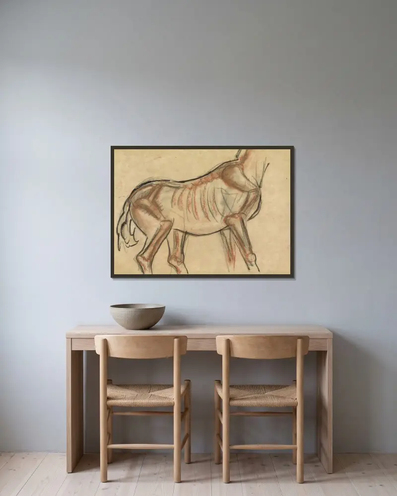 Blad med skiss av en häst av Leo Gestel inramad på en vägg