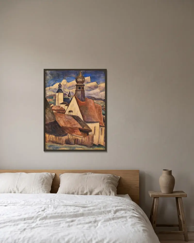 Utsikt över taken i Regen av Leo Gestel inramad på en vägg