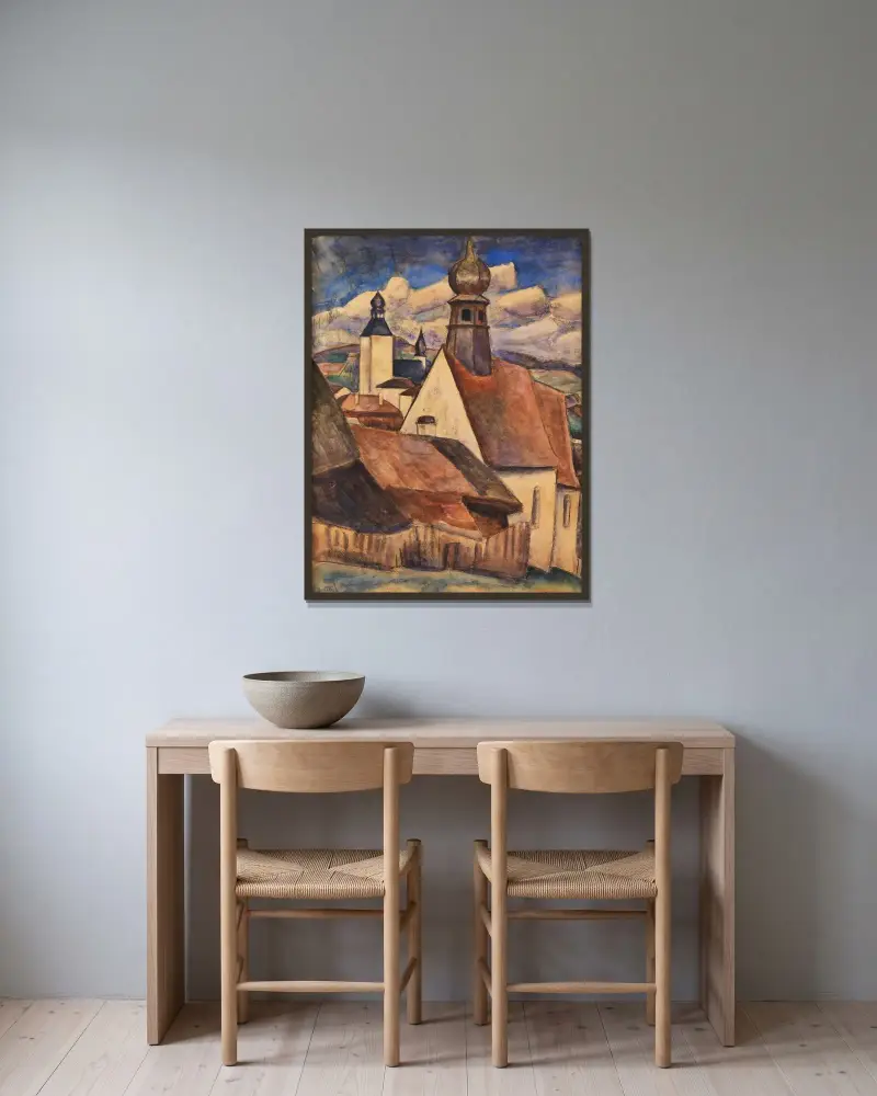 Utsikt över taken i Regen av Leo Gestel inramad på en vägg
