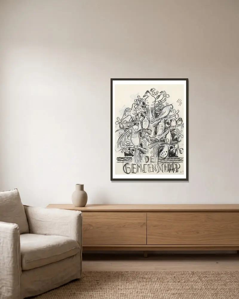 Baum mit Vögeln (Umschlagentwurf für De Gemeenschap) von Leo Gestel gerahmt an einer Wand