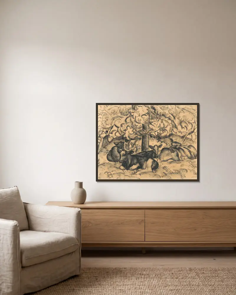 Obstgarten mit Kälbern von Leo Gestel gerahmt an einer Wand