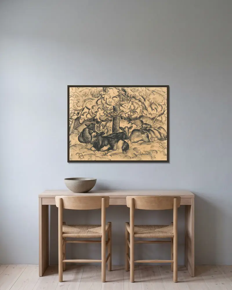 Obstgarten mit Kälbern von Leo Gestel gerahmt an einer Wand