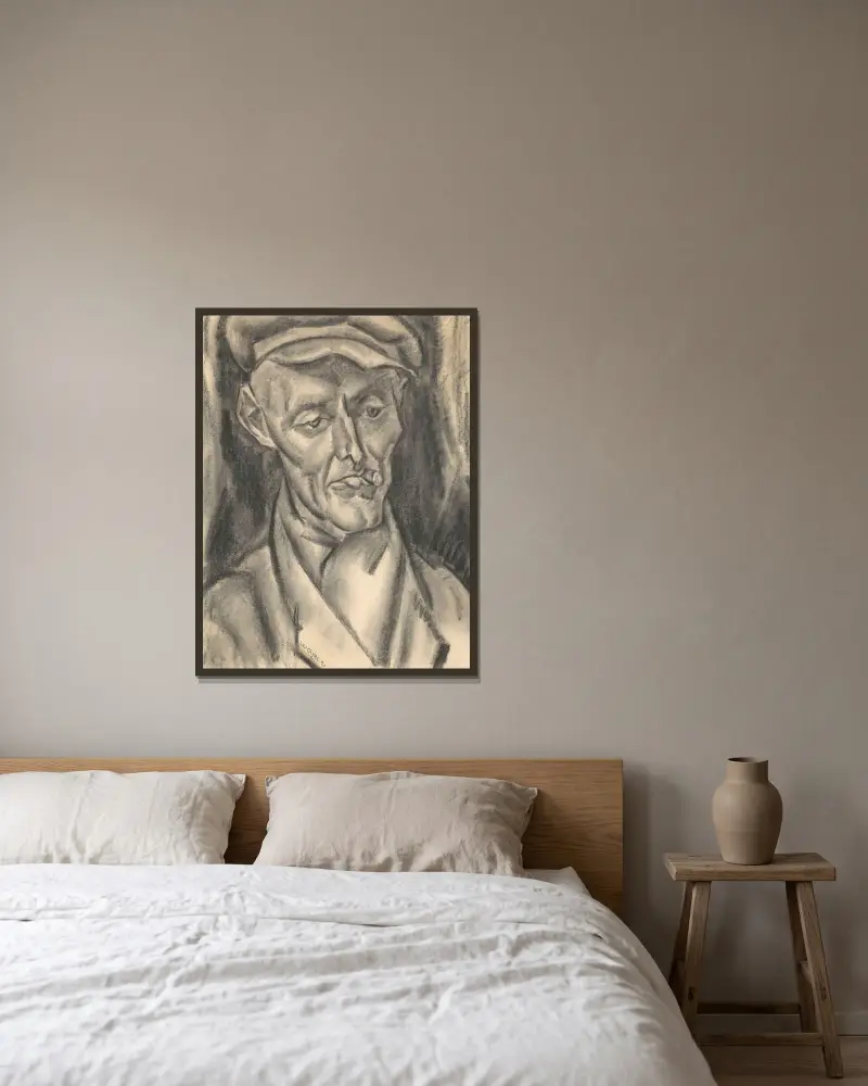 Byst av man med keps och cigarr av Leo Gestel inramad på en vägg