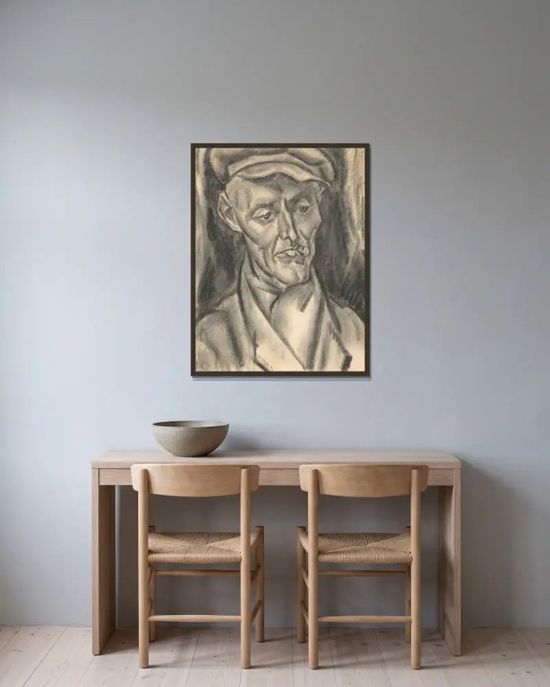 Byst av man med keps och cigarr av Leo Gestel inramad på en vägg