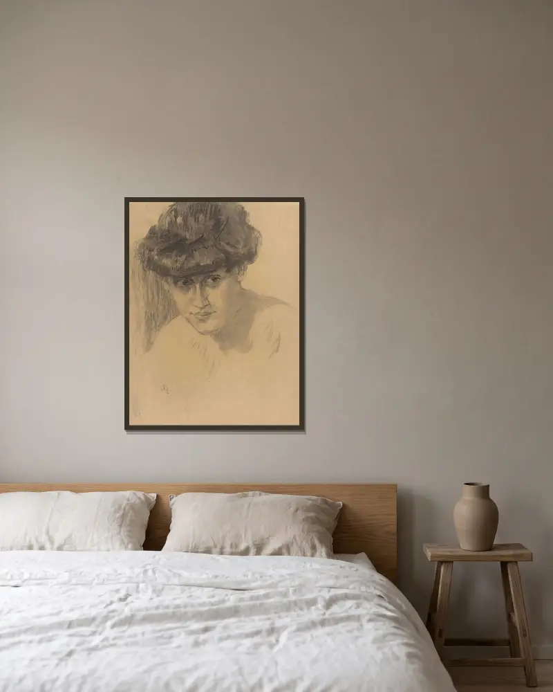Byst av en kvinna med uppsatt hår av Leo Gestel inramad på en vägg