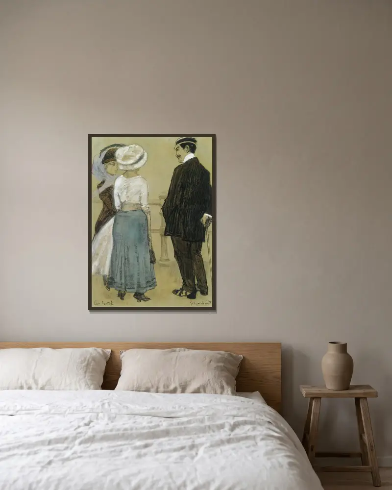 Samtal på boulevarden, Scheveningen av Leo Gestel inramad på en vägg